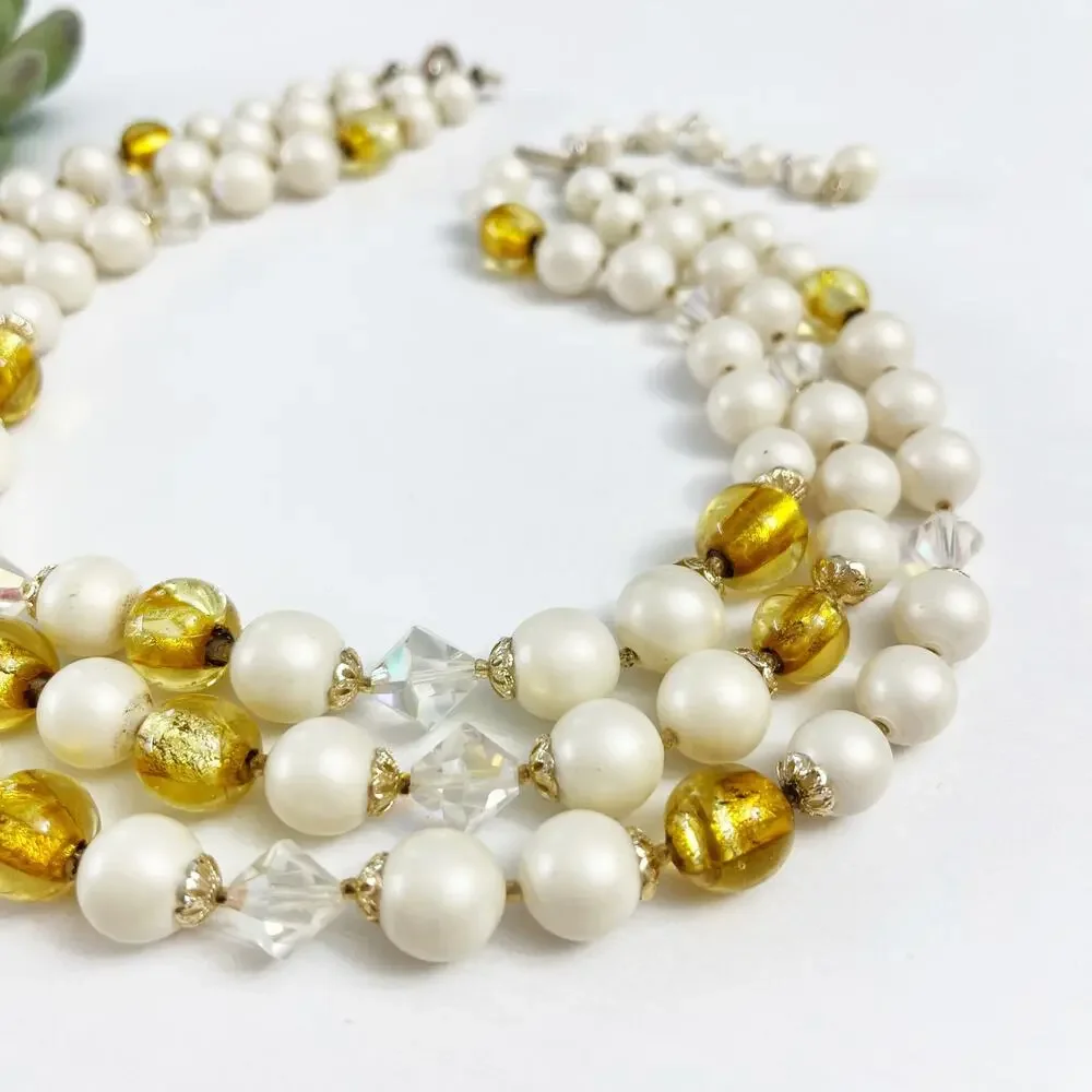 Vintage Mid-Century 3-Strand Faux Pearl Gold & AB Necklace